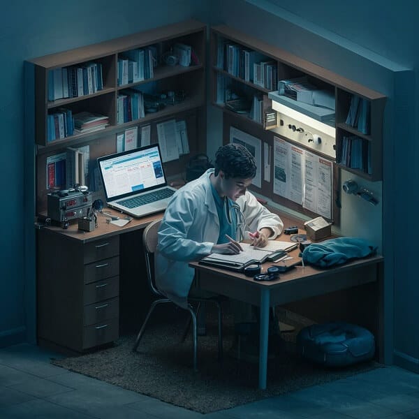 a medical student studying alone at home in a dark room
