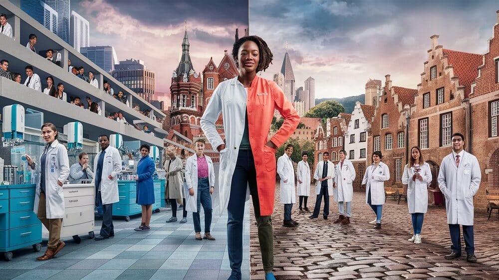 an image of a doctor with more doctors behind him and buildings that represent US and Europe in the background